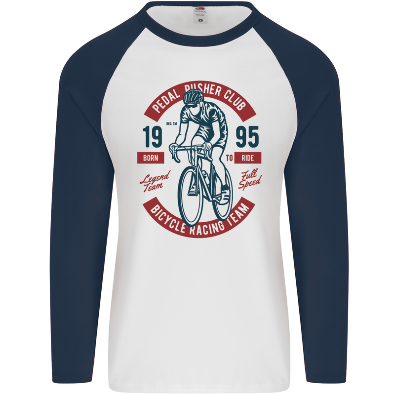 Pedal Pusher Club Cycling Cyclist Funny Mens L/S Baseball T-Shirt White/Navy Blue