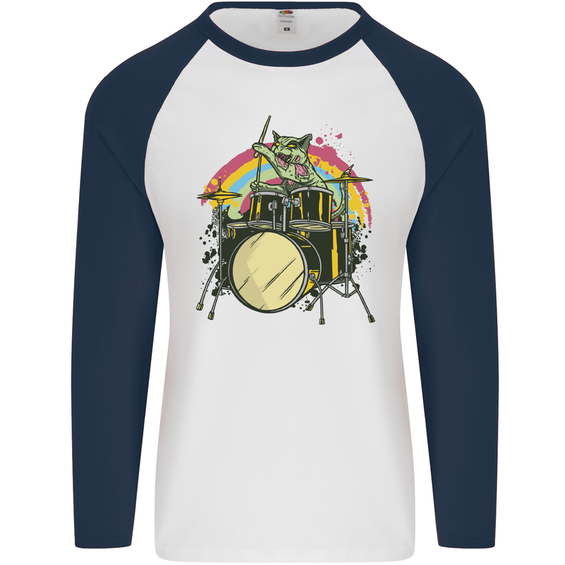 Zombie Cat Drummer Mens L/S Baseball T-Shirt White/Navy Blue