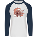 Funny Christmas Highland Cow Santa Hat Mens L/S Baseball T-Shirt White/Navy Blue