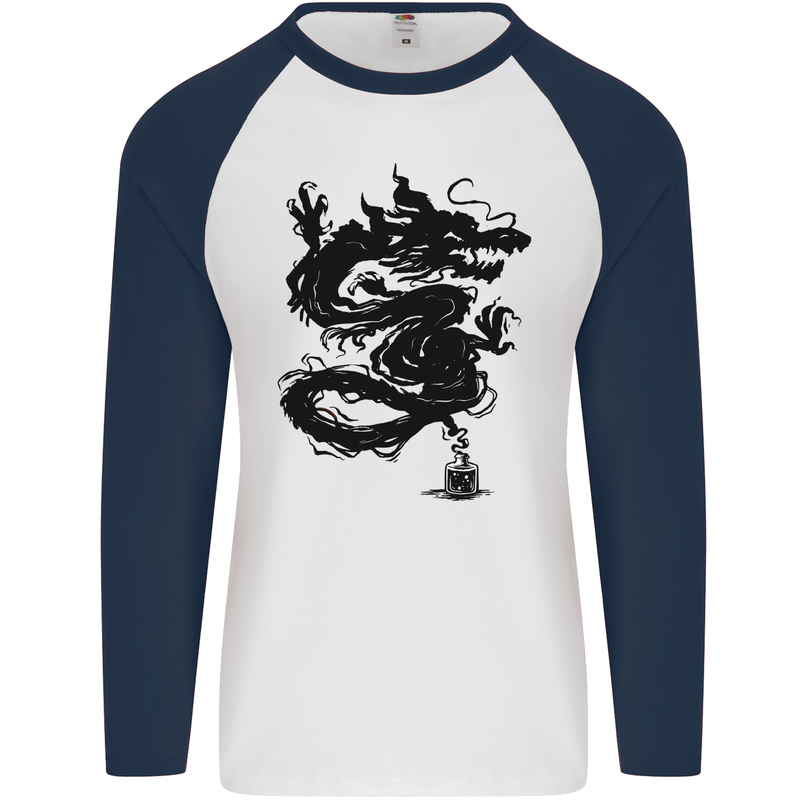 Ink Dragon Tattoo Mens L/S Baseball T-Shirt White/Navy Blue