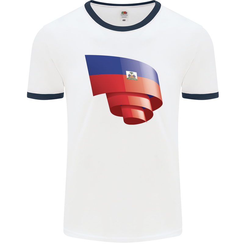 Curled Haiti Flag Haitian Day Football Mens Ringer T-Shirt White/Navy Blue