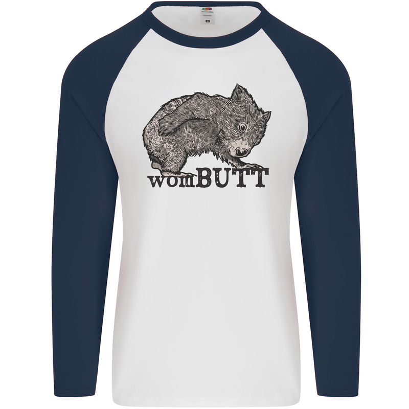 Wombutt Funny Wombat Mens L/S Baseball T-Shirt White/Navy Blue