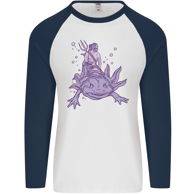 Poseidon Riding an Axaloti Mens L/S Baseball T-Shirt White/Navy Blue