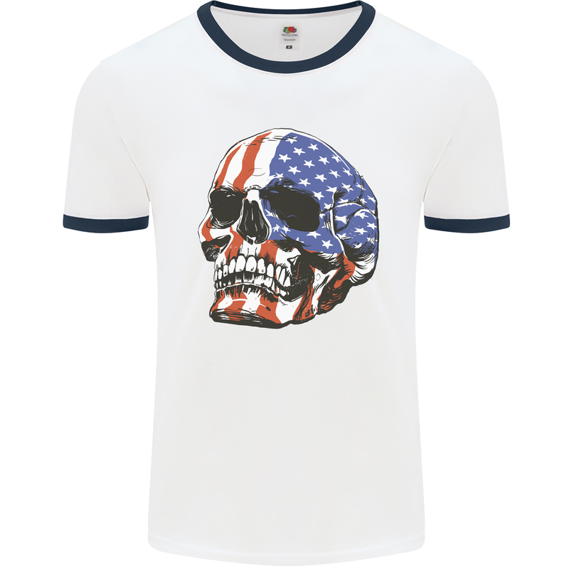 A USA Human Skull Flag America Mens Ringer T-Shirt White/Navy Blue