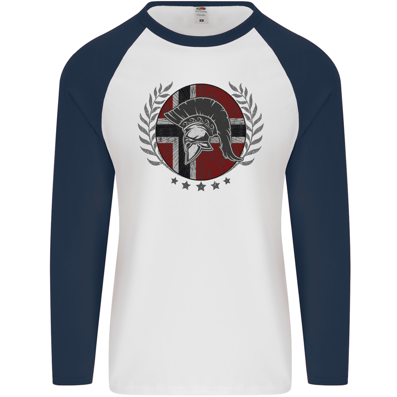 Norway Bodybuilding Flag Gym Training Spartan Mens L/S Baseball T-Shirt White/Navy Blue