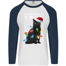 Meowy Christmas Tree Funny Cat Xmas Mens L/S Baseball T-Shirt White/Navy Blue