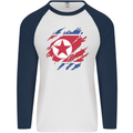 Torn North Korea Flag Korean Day Football Mens L/S Baseball T-Shirt White/Navy Blue