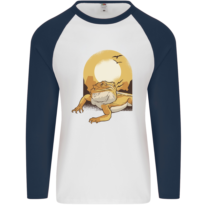 A Bearded Dragon in the Desert Sun Mens L/S Baseball T-Shirt White/Navy Blue