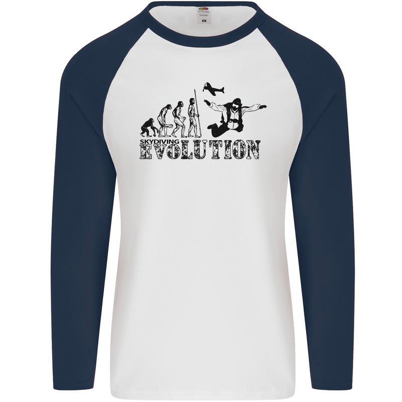 Evolution of a Skydiver Funny Skydiving Mens L/S Baseball T-Shirt White/Navy Blue