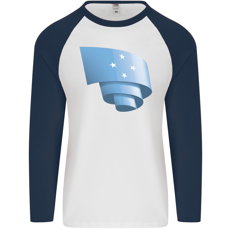 Curled Micronesia Flag Micronesian Day Football Mens L/S Baseball T-Shirt White/Navy Blue