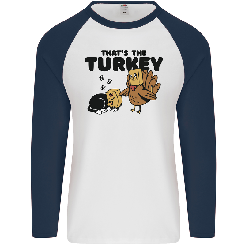 Thanksgiving Christmas Turkey Cat Mens L/S Baseball T-Shirt White/Navy Blue