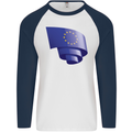 Curled EU Flag European Union Flag Football Mens L/S Baseball T-Shirt White/Navy Blue