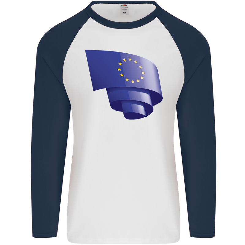 Curled EU Flag European Union Flag Football Mens L/S Baseball T-Shirt White/Navy Blue