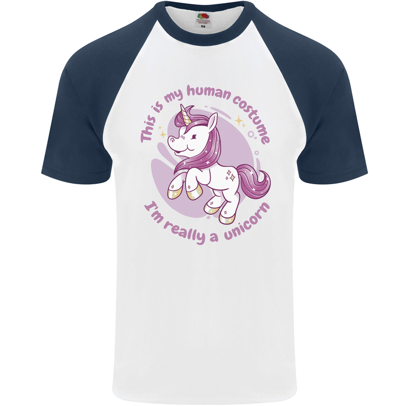 This is My Unicorn Costume Fancy Dress Outfit Mens S/S Baseball T-Shirt White/Navy Blue
