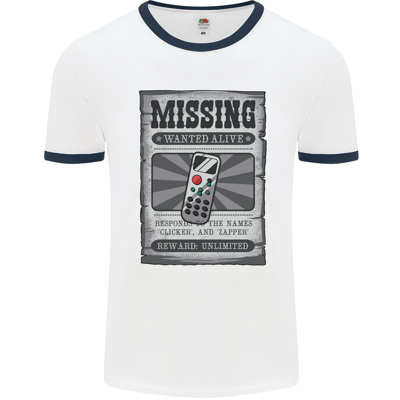 Wanted Remote Control Funny TV Lost Misplaced Mens Ringer T-Shirt White/Navy Blue