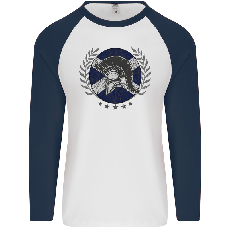 Scotland Bodybuilding Gym Training Scottish Mens L/S Baseball T-Shirt White/Navy Blue