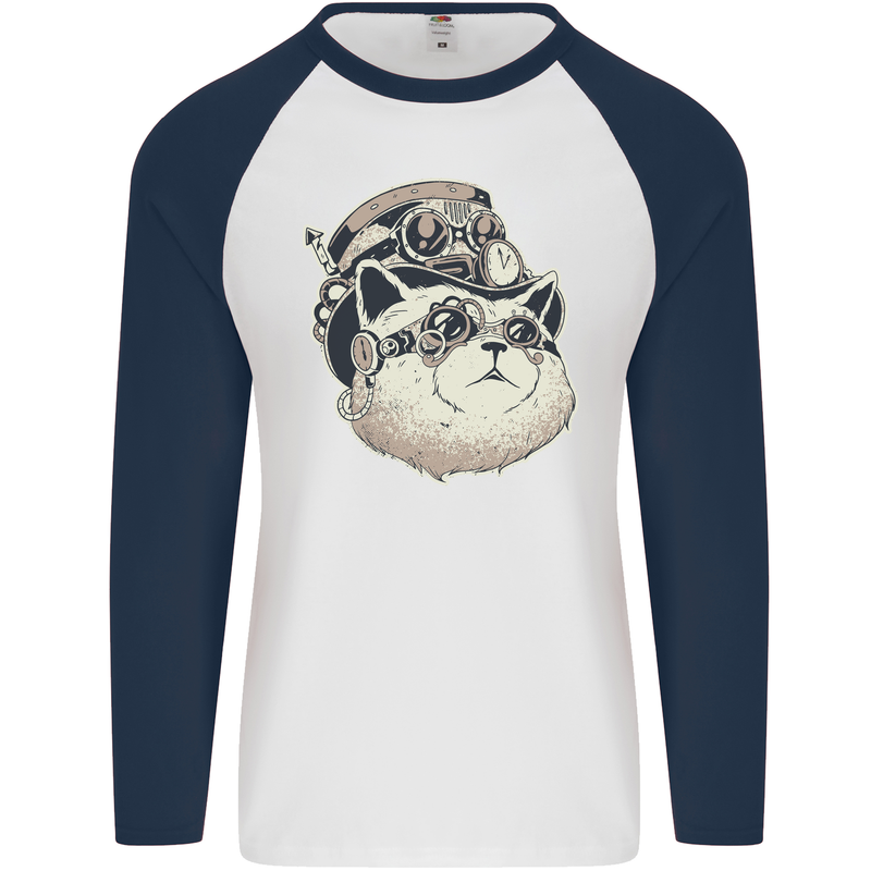 Steampunk Cat Mens L/S Baseball T-Shirt White/Navy Blue