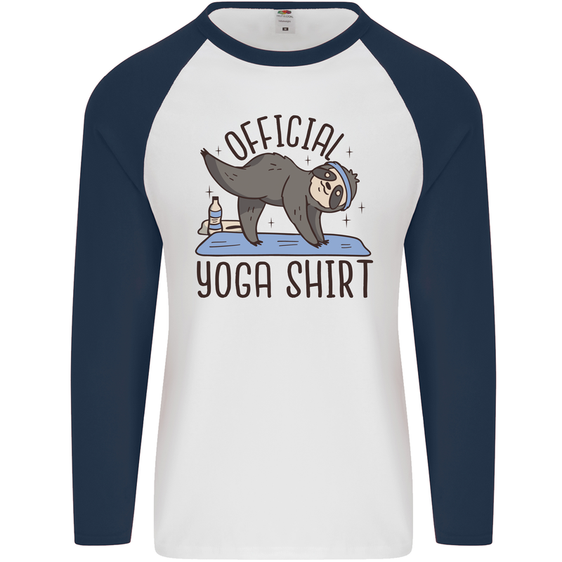 Funny Sloth Yoga Mens L/S Baseball T-Shirt White/Navy Blue