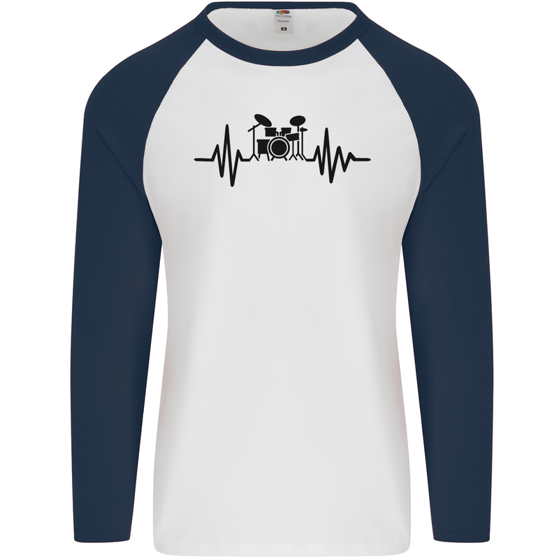 Drum Kit Pulse ECG Drummer Drumming Drum Mens L/S Baseball T-Shirt White/Navy Blue