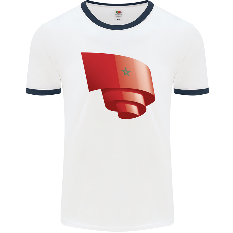 Curled Morocco Flag Moroccan Day Football Mens Ringer T-Shirt White/Navy Blue