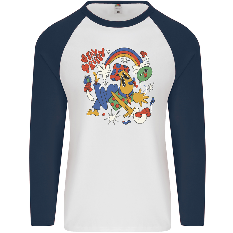 Stay Trippy Magic Mushrooms LSD Mens L/S Baseball T-Shirt White/Navy Blue