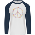 Floral Peace Symbol Hippie Love Mens L/S Baseball T-Shirt White/Navy Blue