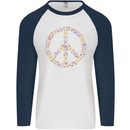 Floral Peace Symbol Hippie Love Mens L/S Baseball T-Shirt White/Navy Blue