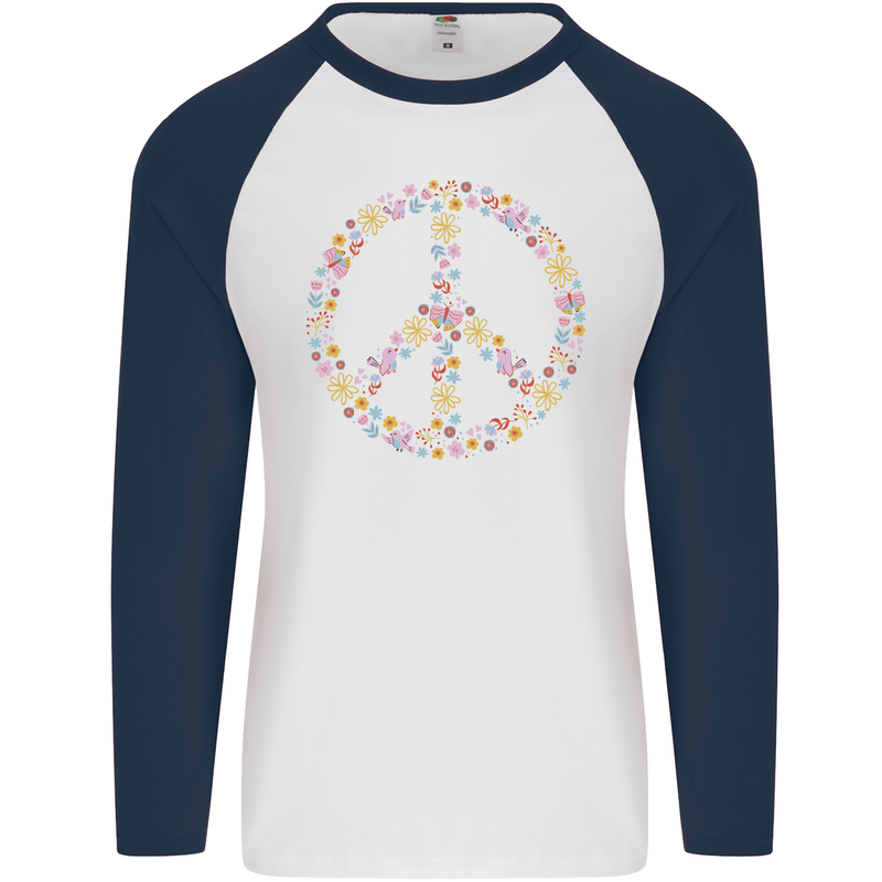 Floral Peace Symbol Hippie Love Mens L/S Baseball T-Shirt White/Navy Blue