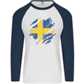 Torn Swedish Flag Sweden Day Football Mens L/S Baseball T-Shirt White/Navy Blue