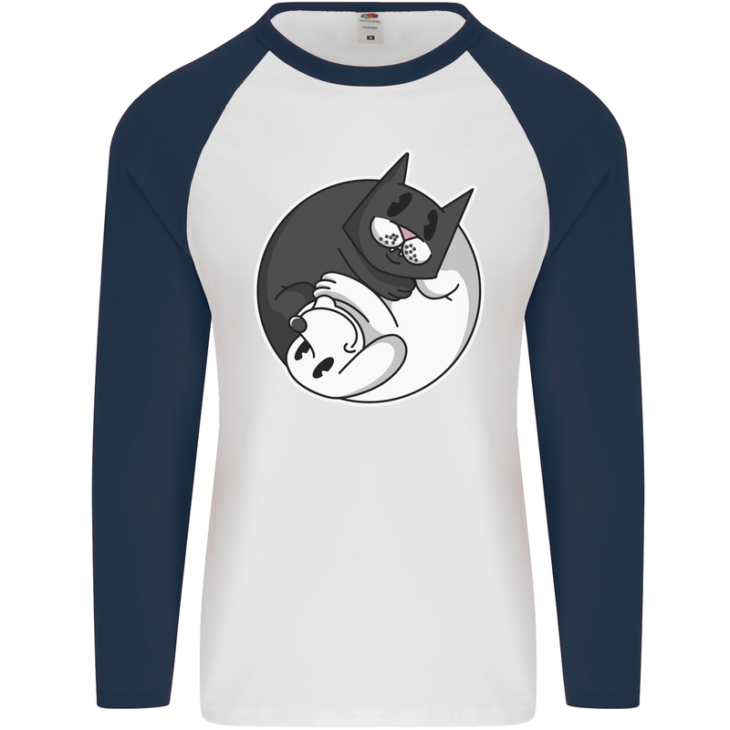 Cat and Dog Yin Yang Mens L/S Baseball T-Shirt White/Navy Blue