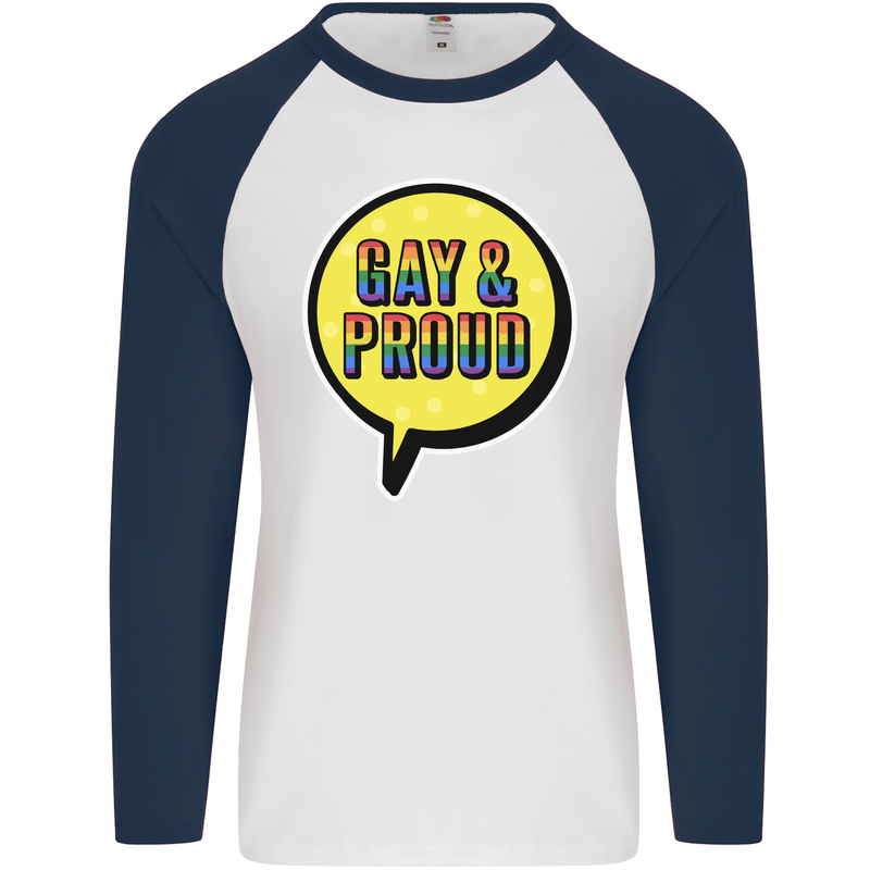 Gay and Proud LGBT Pride Awareness Mens L/S Baseball T-Shirt White/Navy Blue