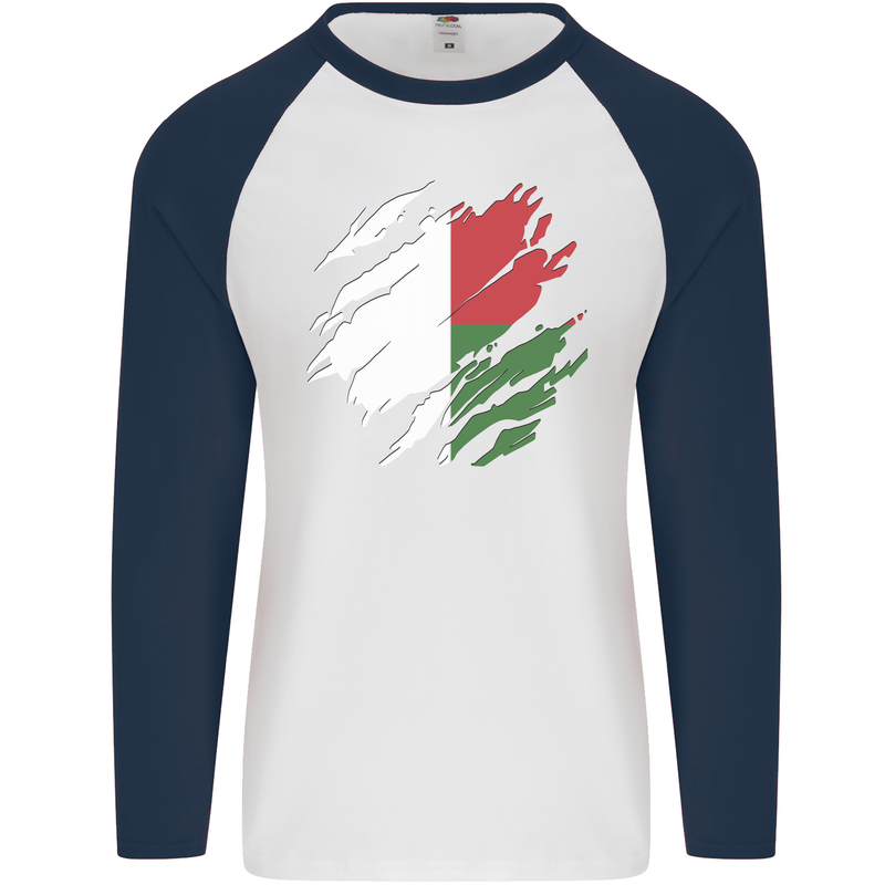 Torn Madagascar Flag Madagascan Day Football Mens L/S Baseball T-Shirt White/Navy Blue