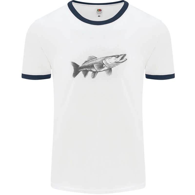 A Pike Fish Drawing Fishing Fisherman Mens Ringer T-Shirt White/Navy Blue