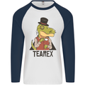 TeaRex Funny T-Rex Dinosaur Tea Drinker Mens L/S Baseball T-Shirt White/Navy Blue