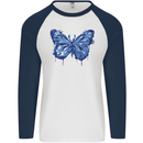 Dripping Blue Butterfly Rhopalocera Mens L/S Baseball T-Shirt White/Navy Blue