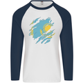 Torn Kazakhstan Flag Kazakh Day Football Mens L/S Baseball T-Shirt White/Navy Blue