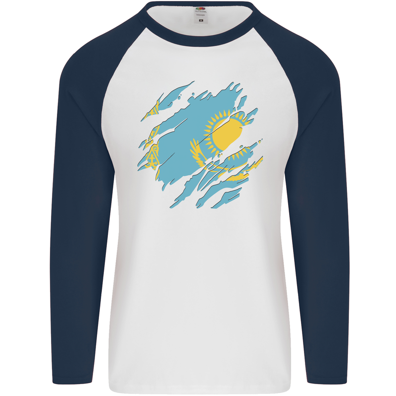 Torn Kazakhstan Flag Kazakh Day Football Mens L/S Baseball T-Shirt White/Navy Blue