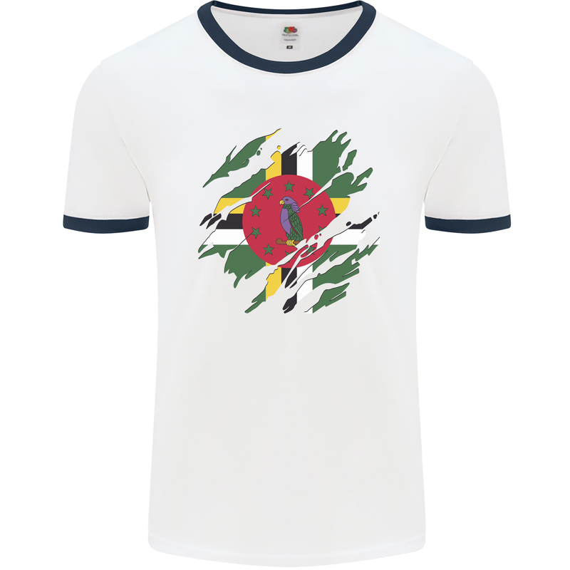 Torn Dominica Flag Dominican Day Football Mens Ringer T-Shirt White/Navy Blue