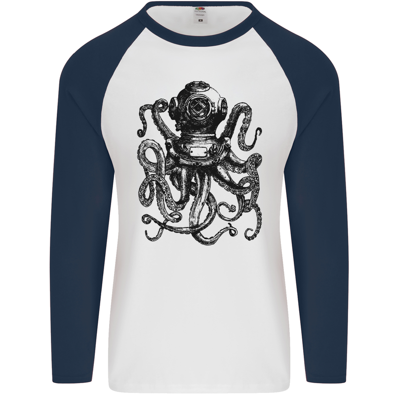 Scuba Octopus Diver Dive Diving Mens L/S Baseball T-Shirt White/Navy Blue