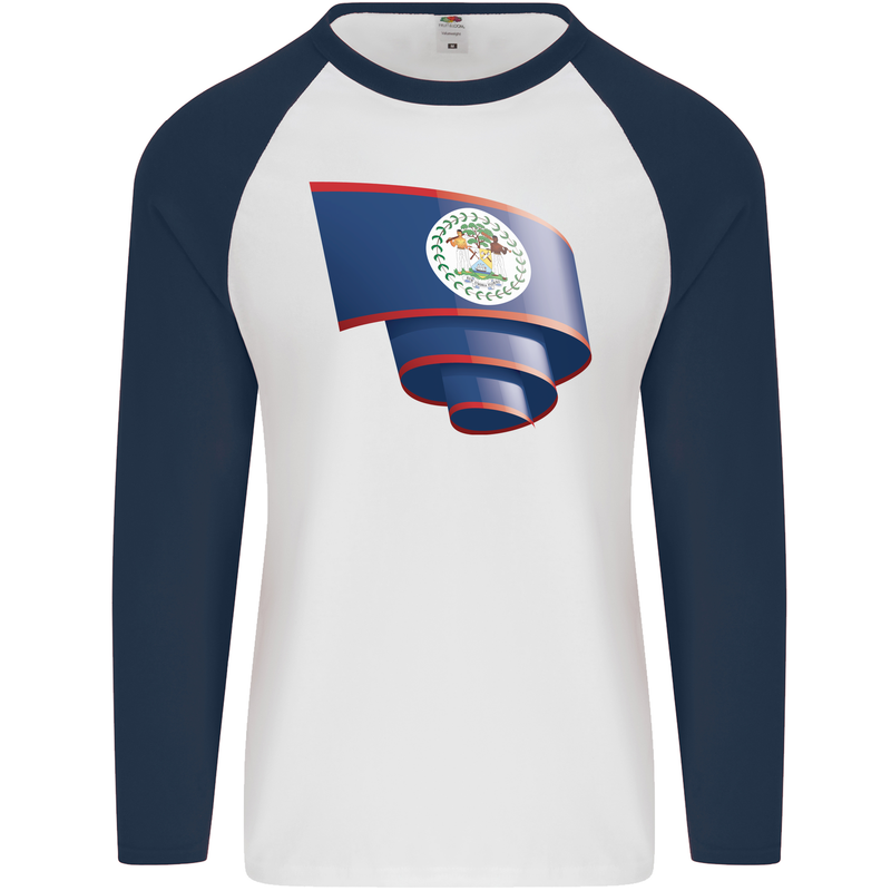 Curled Belize Flag Belizean Day Football Mens L/S Baseball T-Shirt White/Navy Blue