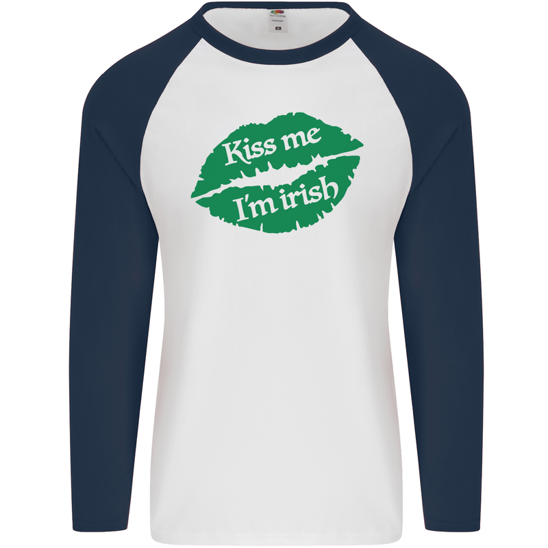 Kiss Me I'm Irish St. Patrick's Day Mens L/S Baseball T-Shirt White/Navy Blue