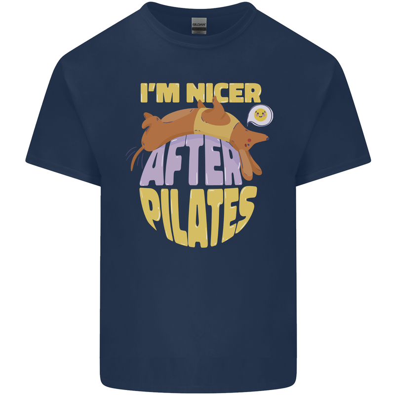 Nicer After Pilates Funny Yoga Dog Mens Cotton T-Shirt Tee Top Navy Blue