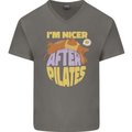 Nicer After Pilates Funny Yoga Dog Mens V-Neck Cotton T-Shirt Charcoal