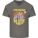 Nicer After Pilates Funny Yoga Dog Mens V-Neck Cotton T-Shirt Charcoal