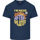 Nicer After Pilates Funny Yoga Dog Mens V-Neck Cotton T-Shirt Navy Blue