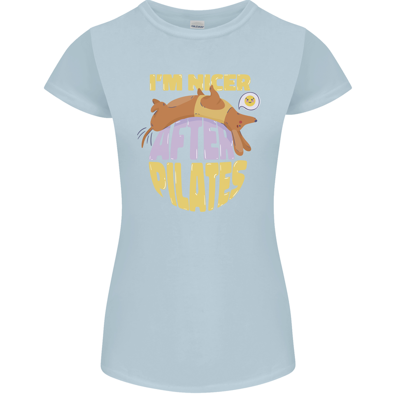Nicer After Pilates Funny Yoga Dog Womens Petite Cut T-Shirt Light Blue