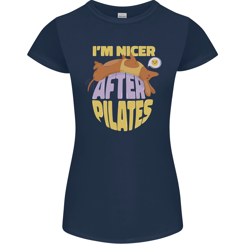 Nicer After Pilates Funny Yoga Dog Womens Petite Cut T-Shirt Navy Blue