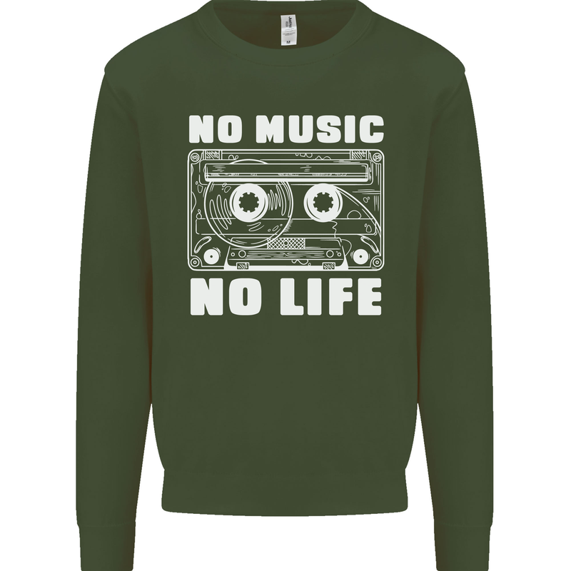 No Music No Life Retro Audio Cassette Mens Sweatshirt Jumper Forest Green