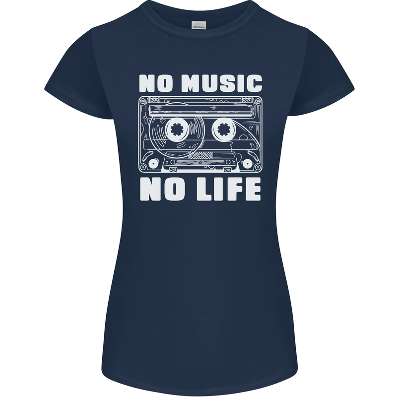 No Music No Life Retro Audio Cassette Womens Petite Cut T-Shirt Navy Blue