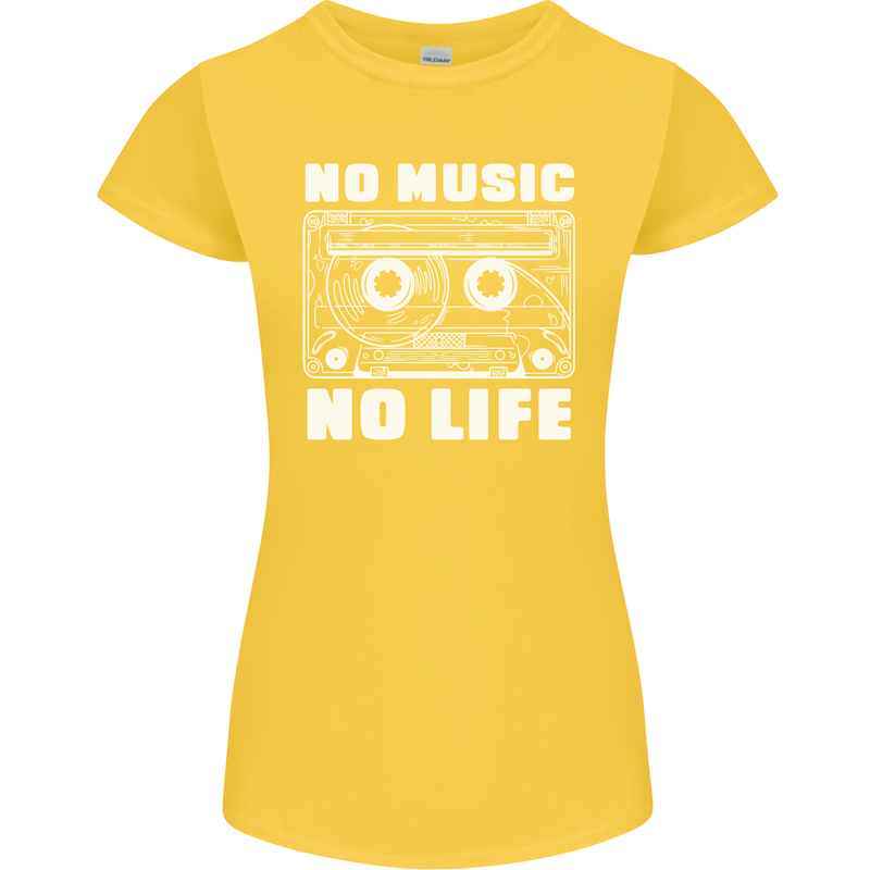 No Music No Life Retro Audio Cassette Womens Petite Cut T-Shirt Yellow